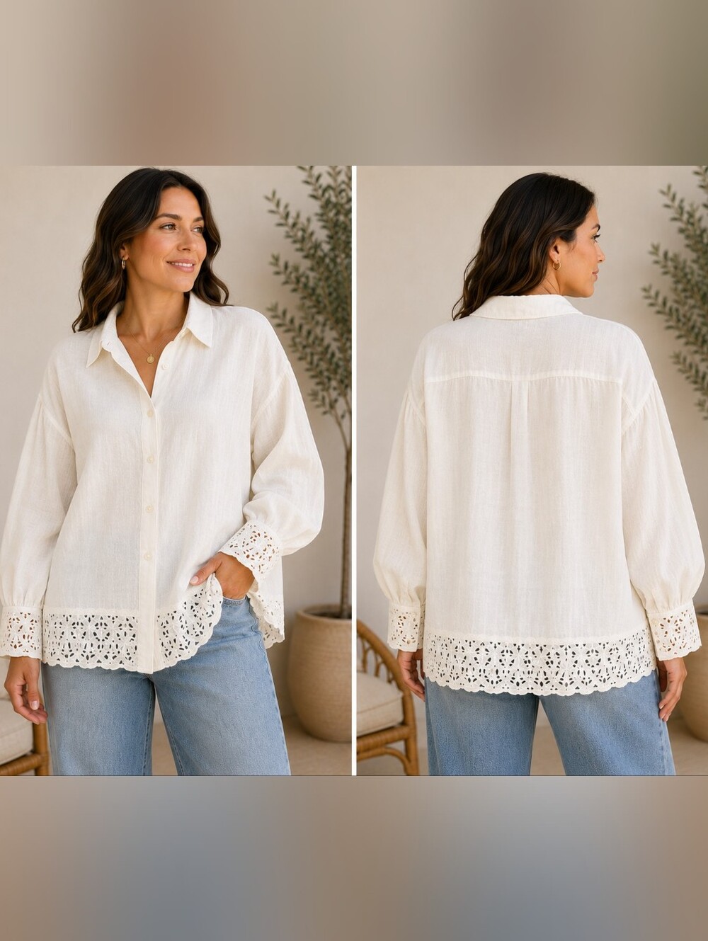 A-238 Reistor XL 100% Hemp Button Down Shirt Embroidered Lace Hem NWT Ivory.